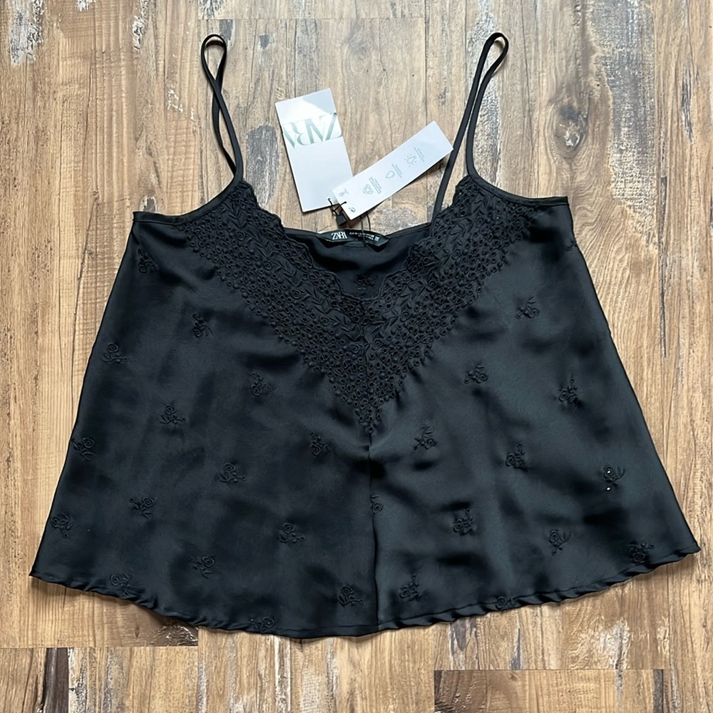 Zara Black Satin Floral Embroidered Sleeveless Tank